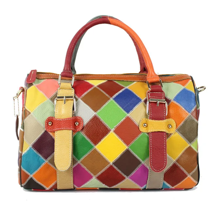 2017 new spring and summer color leather handbag checkered stitching
