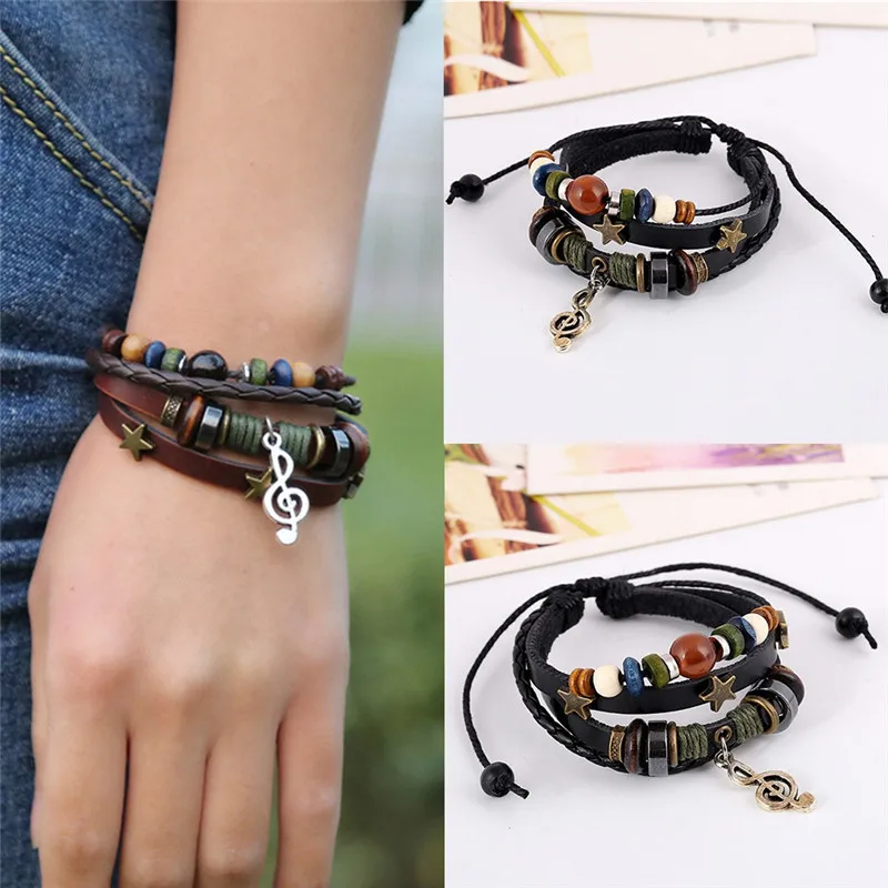 

New Jewelry Fashion Infinity Black Brown Leather Multi Layered Charm Bracelet Beads Style Punk Cuff Bangle Male Female Accessory