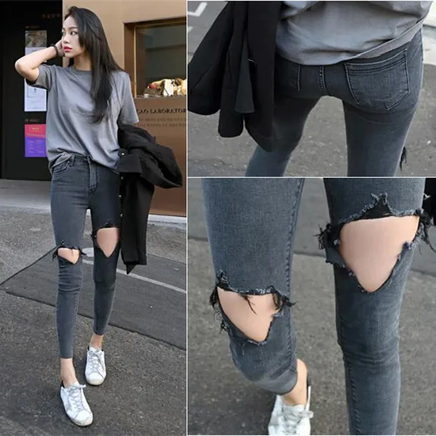 

new summer thin section high elasticity high waist knee tear large hole denim tight nine feet jeans 7279#