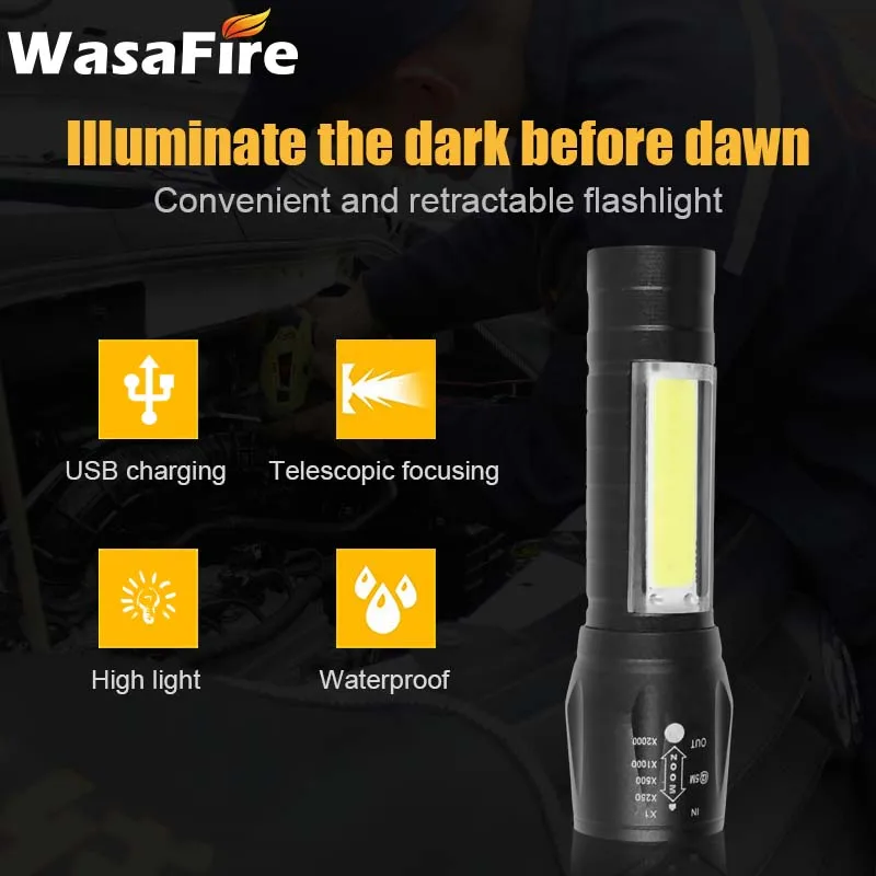 Q5 COB LED Flashlight Waterproof 3 Modes Torch Aluminum Zoom Lamp USB Rechargeable Built In Batttery Torch