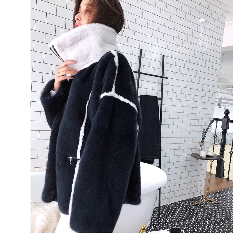 Lvchi 2019 À Manteau Réel Manches Mandarin Fourrure Noir Manteaux Lignes Col De D'hiver Vison Femmes Nouvelle Longues Hiver Veste Court vrq5Rwv8