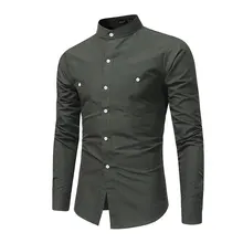 Однотонные рубашки с карманами и воротником "Мандарин", брендовая мужская одежда, приталенные повседневные мужские рубашки с длинным рукавом