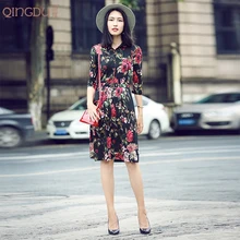 Твист шелк шелк вязаное платье с лацканами талия рукав семь