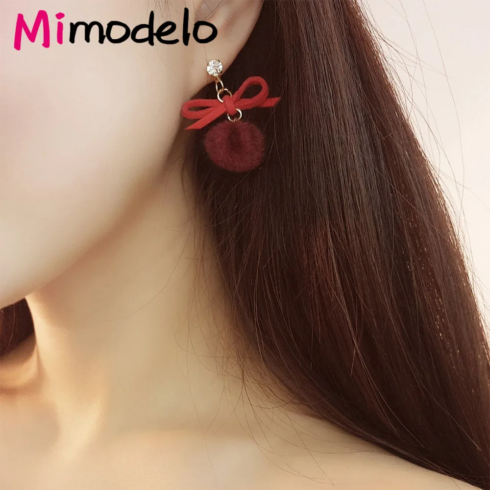 Cute Korean Rhinestone Faux Fur Ball Dangle Earrings for Women Velvet