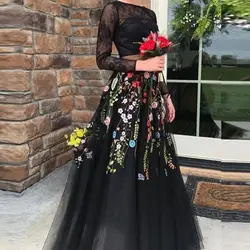 PEORCHID цветочный 2 шт. вечернее платье 2019 черный с длинным рукавом vestidos Para Gala Тюль трапециевидной формы укороченный топ для вечернего платья с