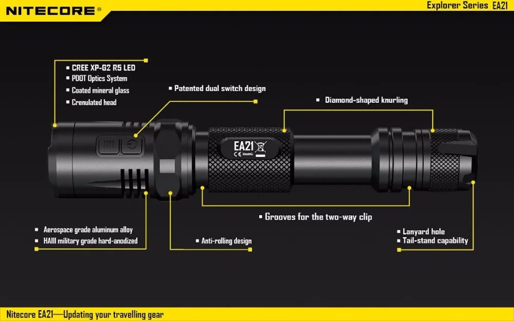 АА батареи фонарик nitecore черный EA21 CREE XP-G2 (R5) LED Макс. 360 люмен луч бросать 167 м водонепроницаемый портативный факел