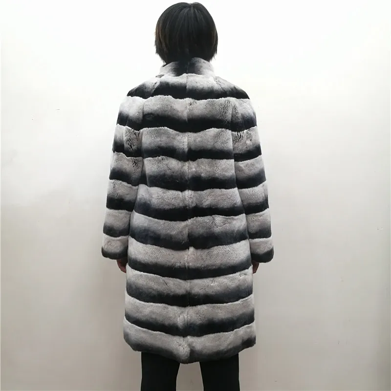Женский Настоящий мех кролика пальто стоячий воротник натуральный мех зимняя куртка длинный стиль Шиншилла натуральный мех пальто