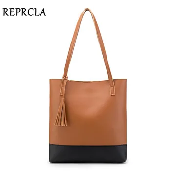

REPRCLA Women Leather Handbag Casual Tassel Shoulder Bag Large Bucket Tote Bags High Quality Designer Women Bag Bolsa