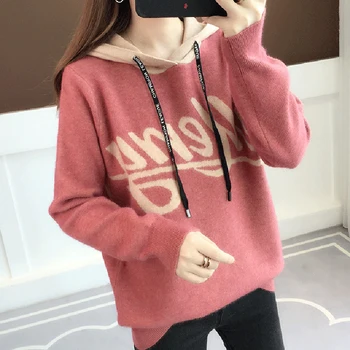 

2020 Autumn Winter Women's New Short Sweater Hooded Warm Sweater Loose Large Size Color Matching Student Sweater LQ038