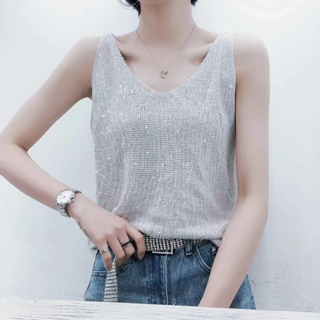 

Summer Sexy vest sling Female Carnival Club Party Sexy V-neck knitted sleeveless shiny sling shirt