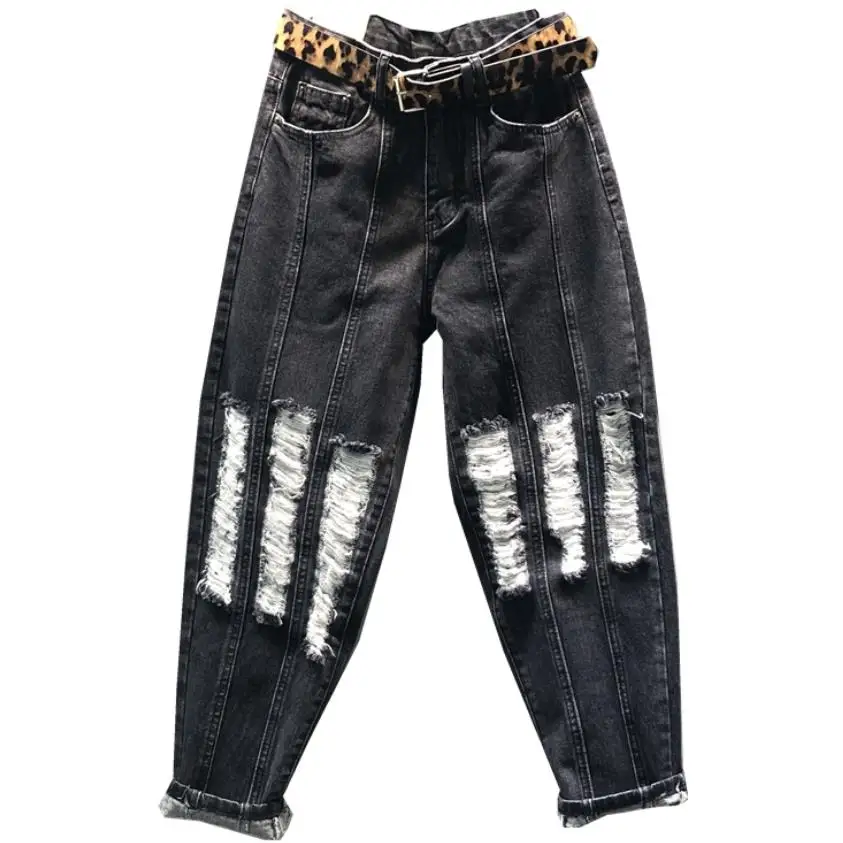 

Spring autumn big pocket cat claw pattern jeans women high waist washed ripped loose harem pants