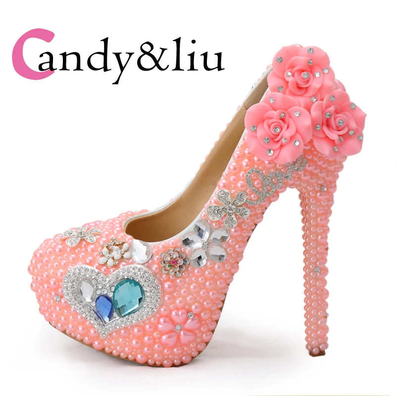 Pink pearl high heels princess crystal shoes wedding ceremony
