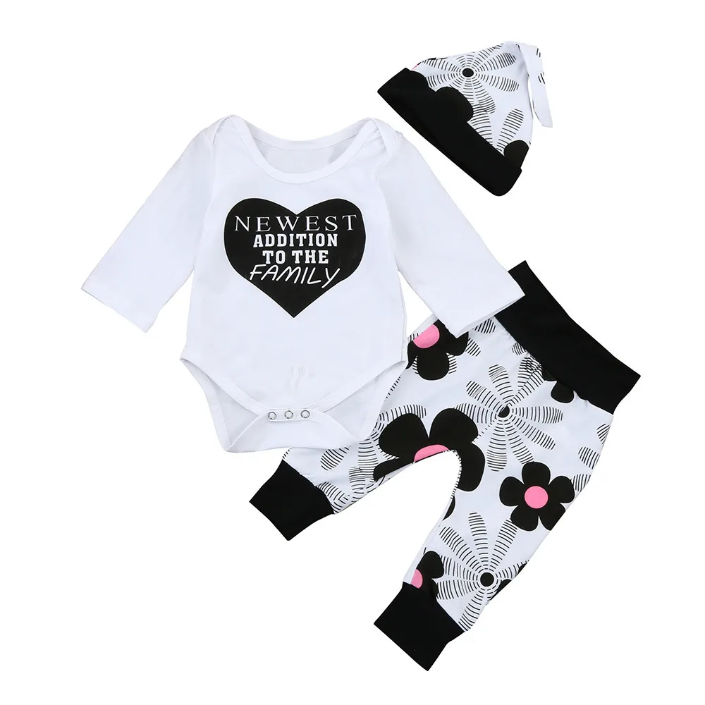 

Newborn Kids Baby Girls Outfits Clothes Letter Bodysuit Tops+Floral Pants+Hat Set Love Print Long Sleeve Baby Girl Bodysuits