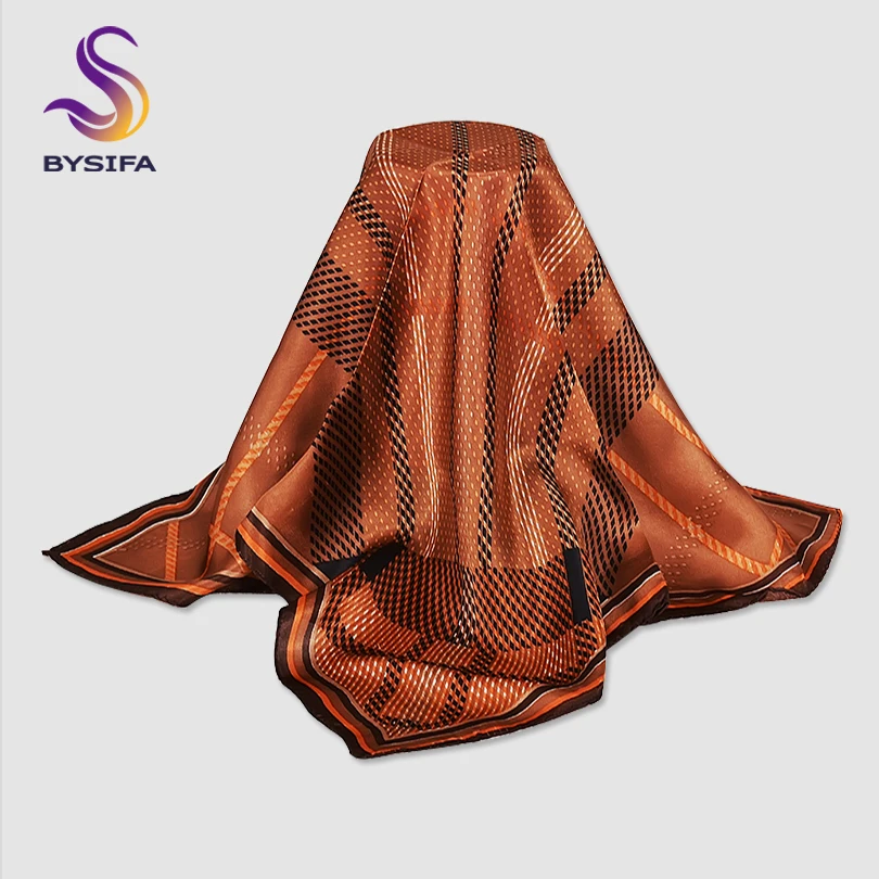 

[BYSIFA] Women Men Neck Silk Scarf Spring Autumn Coffee Pure Silk Small Square Scarves 2018 New Accessories Top Grade Scarves