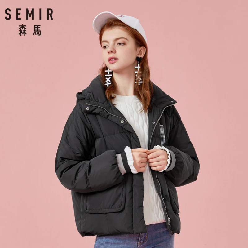 

SEMIR Women Hooded Down Jacket with Pocket Women's Down Filling Padded Jacket with Detachable Hood Tab Ruffle at Ribbed Cuffs
