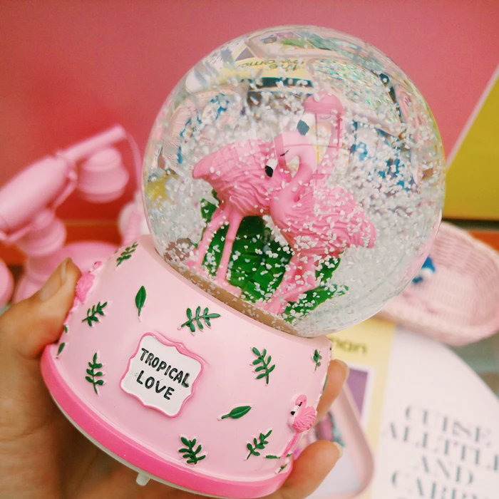 

Novelty Music Box Snow Globe Cute Pink Green Snow Crystal Ball Rotating Light With Music Box Room Decoration Ornaments Gifts
