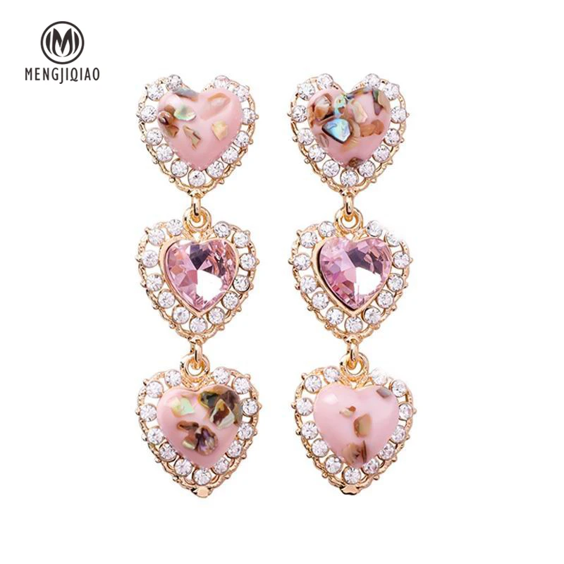 MENGJIQIAO 2018 New Colorful Shell Love Heart Crystal Long Pendientes Mujer Moda Statement Rhinestone Drop Earrings For Women