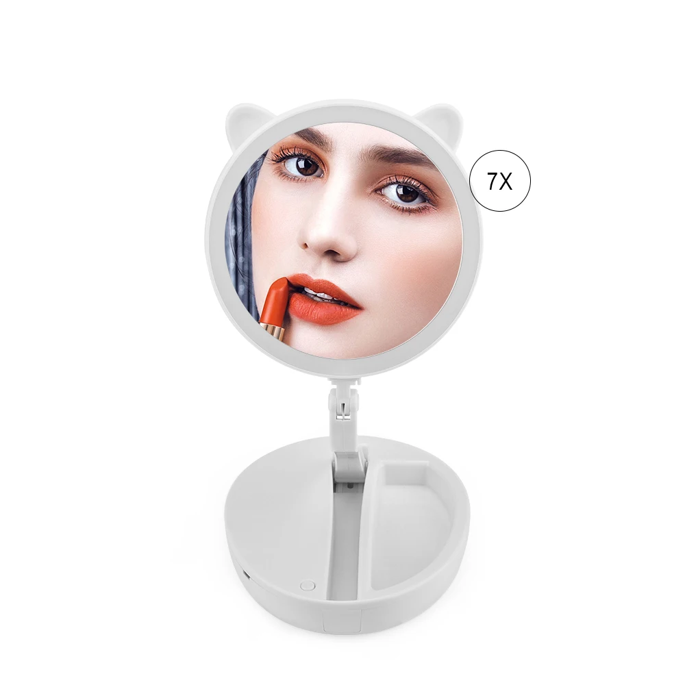 

Foldable 7X Magnifying LED Makeup Mirror Professional Vanity Tri-fold Desktop Cute Mirror Cosmetic Make UP Tool with Storage Box