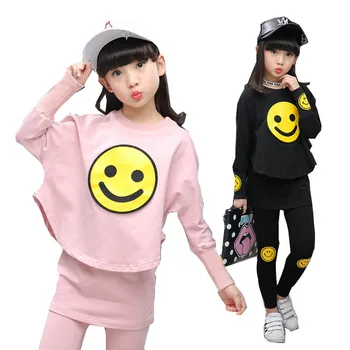 

Children Girls clothing set 2019 autumn teenage girls sport suit cartoon Smiley Face school kids tracksuit 4~12T girls clothes
