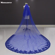 Кружевной отделкой внизу два слоя Королевский синий 3 М длинные Свадебная фата невесты Свадебная Фата с расческой свадебная фата
