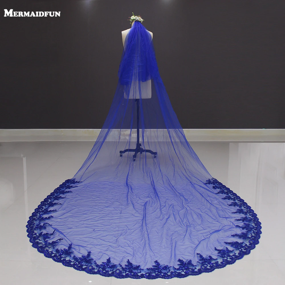 

2017 New Lace at Bottom Two Layers Royal Blue 3 Meters Long Wedding Veil Voile Mariage Bridal Veil with Comb