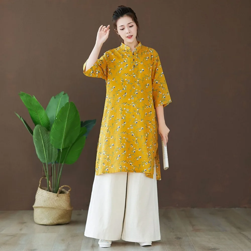 LZJN 2019 Autumn Blouse Long Sleeve O-Neck Chinese Style Shirt Ethnic Ladies Cotton Tunic Tops Floral Blouses for Women 2 Colors (7)