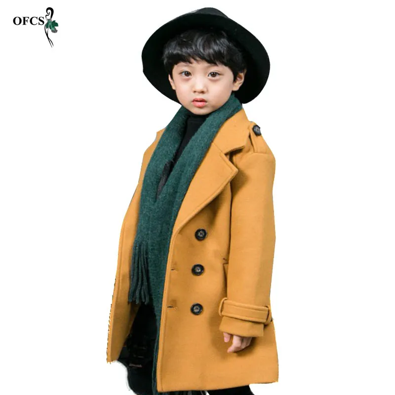 

OFCS New Design Children Wool Coats Boy Thicken Warmer Double-Breasted Overcoat Solid Color Kids Winter Fashion Wool Jackets 16T