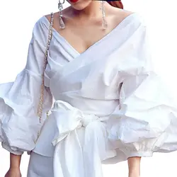 Винтаж офисные Топ для Для женщин с открытыми плечами пузырь рукав лук кимоно Женский блузка белая рубашка женская Топы корректирующие