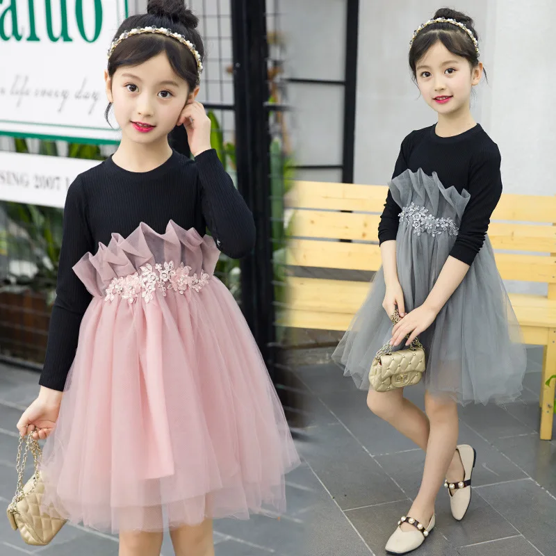 

Girls dress long-sleeved baby clothes spring and autumn stitching new casual mesh children's clothing