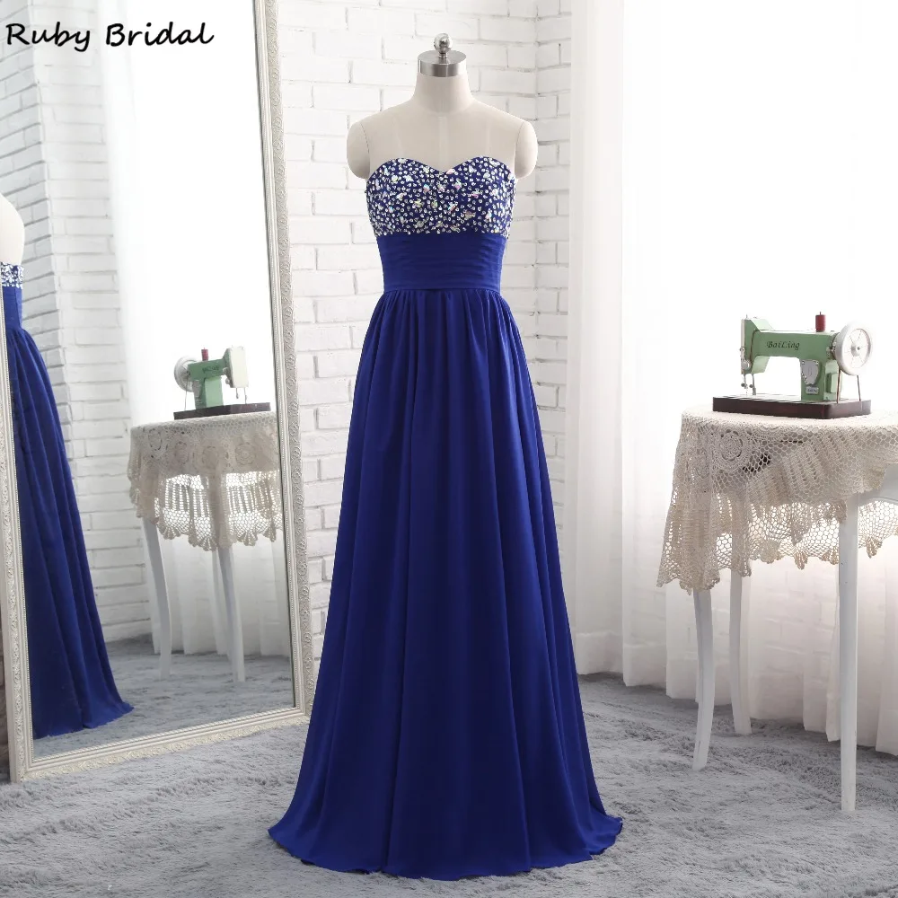 

Ruby Bridal Vestido De Festa Long Royal Blue Evening Dresses Chiffon Pleats Bead Luxury A-line Hot Cheap Party Prom Gown P113