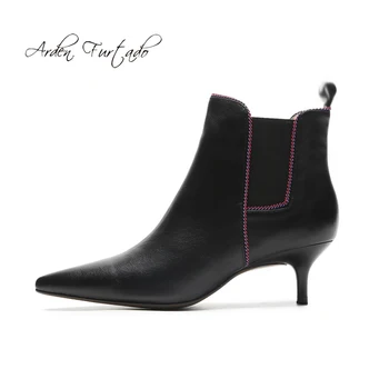 

Fashion black white women's shoes winter 2019 pointed toe stilettos lower heels 5cm ladies boots genuine leather ankle boots 40