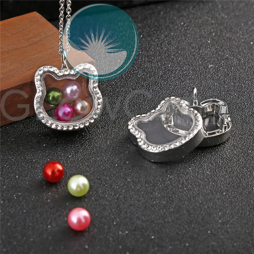 Rhinestone Cat Living Glass Memory Floating Lockets Magnetic Silver Color Pendant Necklace 50cm Steel Chain Jewelry | Украшения и