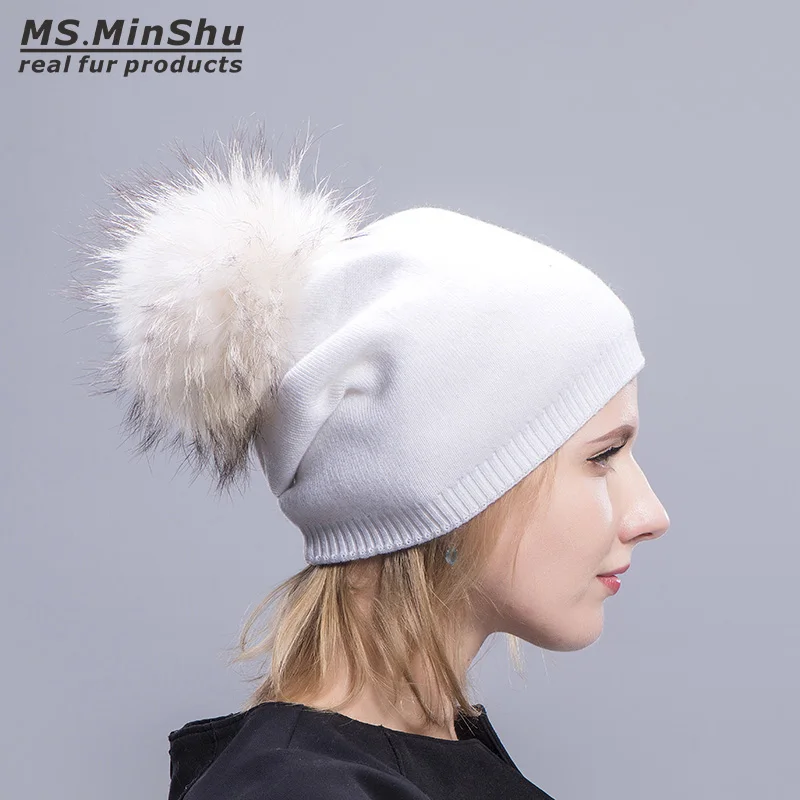 

Ms.MinShu Cashmere Cap with Real Fur Pompom Unisix Beanies Fur Hat Winter Autumn Bobble Hat With Big Fox Fur Ball Fashion Cap