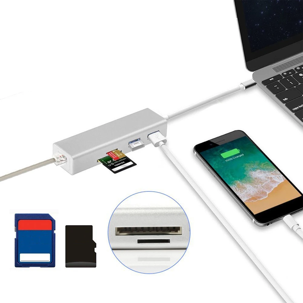 5 в 1 USBC к Rj45 USB 3 0 SD TF слот для карты концентратор 1000 Мбит/с Lan адаптер Type C удлинитель