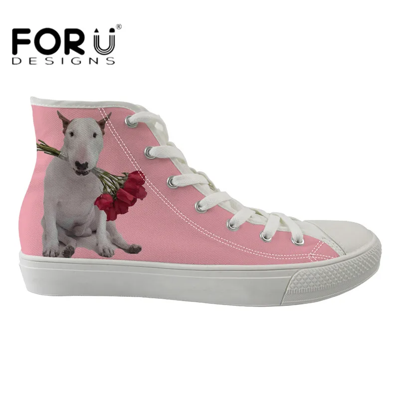 

FORUDESIGNS 2019 New Arrival Women High Top Sneakers Bull Terrier Rose Print Pink Flats for Ladies Light Lace-up Vulcanize Shoes