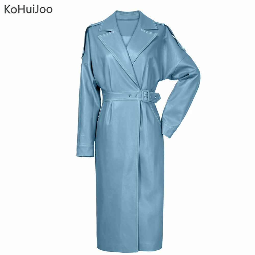 KoHuiJoo Autumn Winter Faux Leather Jackets Women Long New Fashion Turn Down Collar Batwing Sleeve Jacket Casual PU Coat Belt