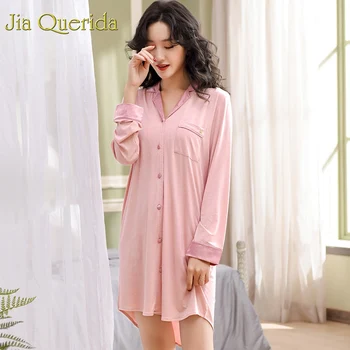 

J&Q Nightgown Pink Plus Size Women Nighties 2019 Fashion Sleeping Dress Silk Collar Cotton Nighty Summer Trendy Home Wear Gowns