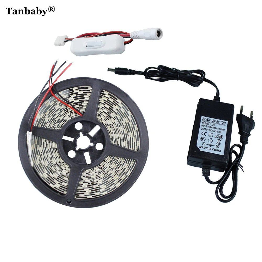 Tanbaby светодиодный светильник 5050 12 В 12 В 5 м 300 светодиодный гибкий канат с 12 В 3 А источник питания+ Переключатель ВКЛ/ВЫКЛ высокая яркость не водонепроницаемый