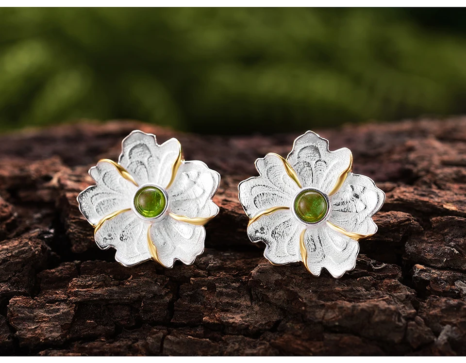 Brincos de Prata Brincos para Mulher Lotus Real Esterlina Natural Pedra Preciosa Original Artesanal Jóias Finas Peônia Flor Parafuso Prisioneiro Fun 925 12 Joias e Acessórios