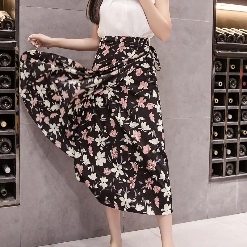 Summer Print Flower Chiffon Women Skirt Kawaii Korean Casual Empire Skirts Harajuku Mid-Calf Bow Cute High Waist Vintage Skirts