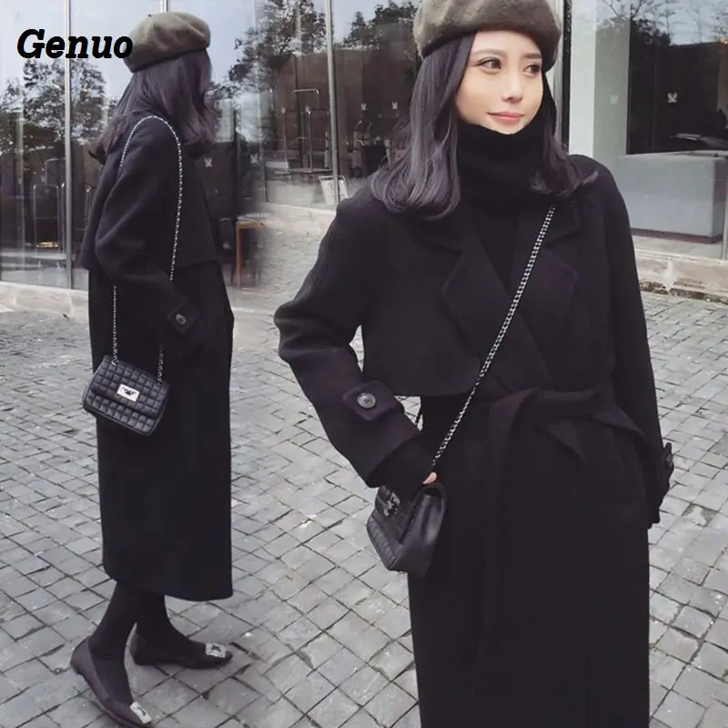 

Genuo 2018 New Spring Woolen Coat Women Long Woolen Coat Female Black Winter Overoat Long Outerwear for Women Elegant Women Top