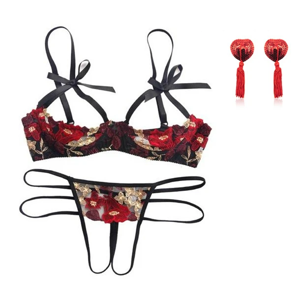 

Embroidery Open Bra Crotchkess Panties Sexy Lingerie Set Push Up Bra Briefs Underwear Women Intimate Roupa Intima Feminina