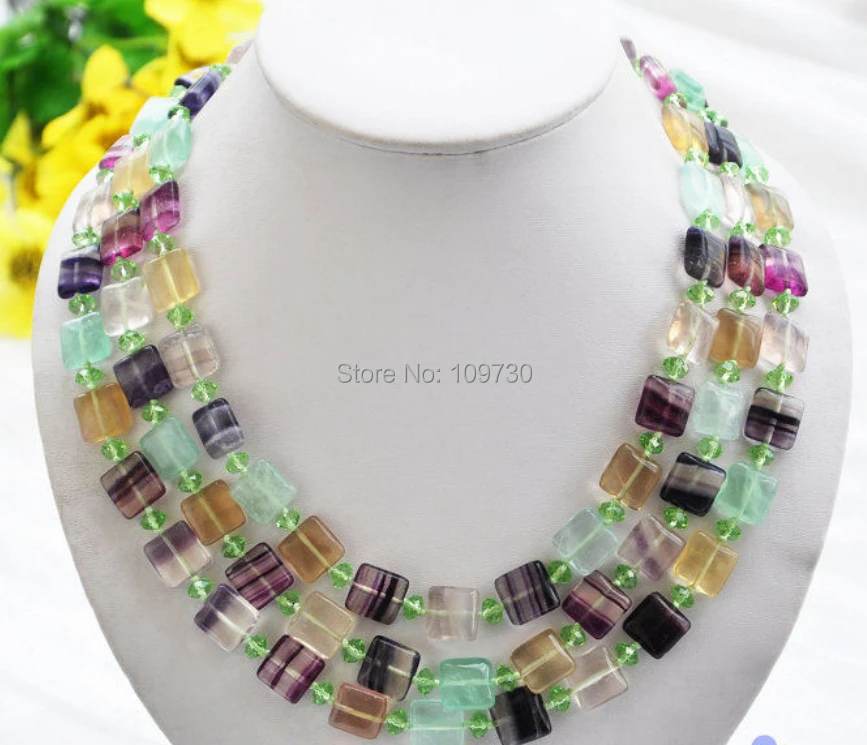 

Jewelr 003664 3row 12mm square green / purple fluorbaryt green crystal necklace