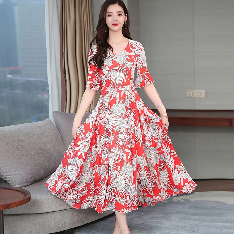 

Women Dress V-neck Ruffled Sleeves Dress Print High Waist A-line Casual Summer Dress