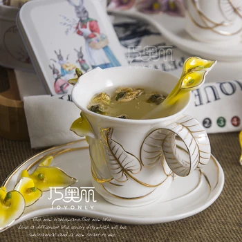 

3D Calla Lily Color Enamel Coffee Cups Bona China Ceramic Cup with spoon saucer Breakfast Milk Drinkware Classical Tea Set Gift
