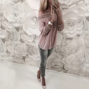 

2018 Women Lace Tops Loose Long Sleeve Blouses Casual Pure Chiffon Summer Shirts