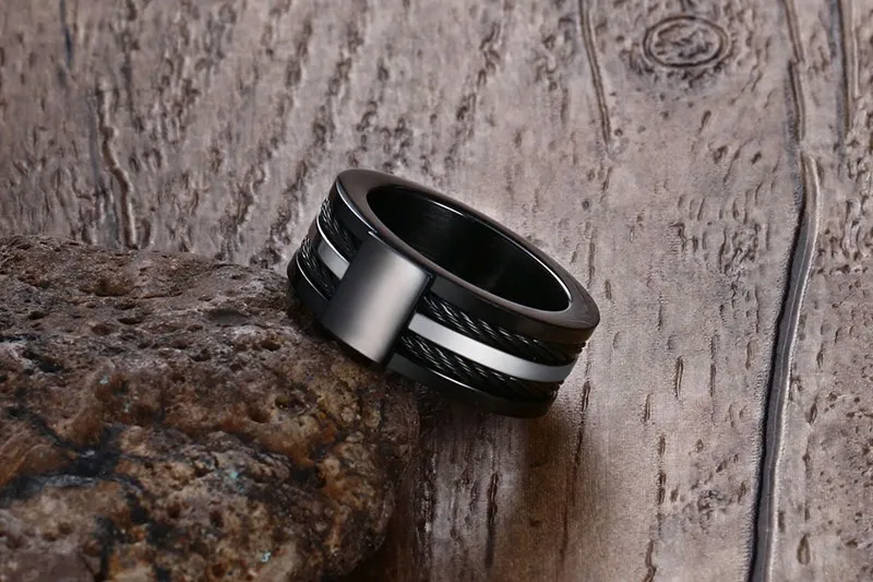 Meaeguet Wire Black Ring For Men 9MM Wide Male Party Stainless Steel Cables Rings Punk Rock Ring Men Jewelry (19)