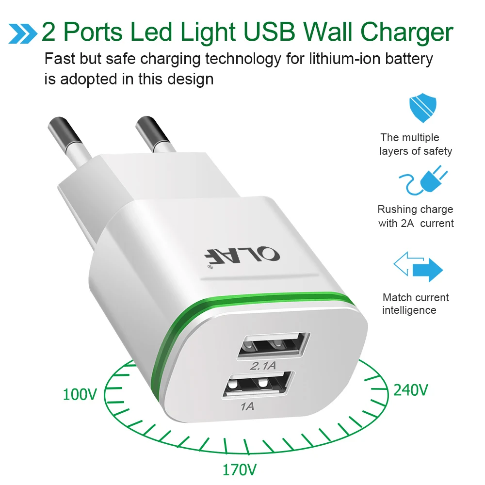 Олаф штепсельная вилка европейского стандарта 2 Порты светодиодный светильник USB Зарядное устройство 5V 2A мобильного телефона Зарядное устройство Micro USB/Тип C кабель для зарядки для samsung Xiaomi huawei