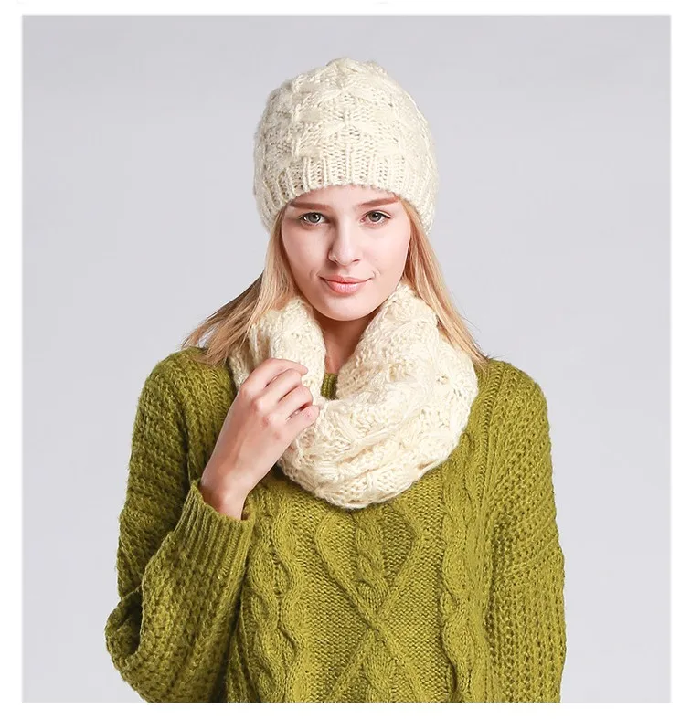 Новинка 2019 года комплект шапка и шарф для женщин Зимняя мода шерстяные вязаная шапка зимняя шапка шарф шапочки для дам