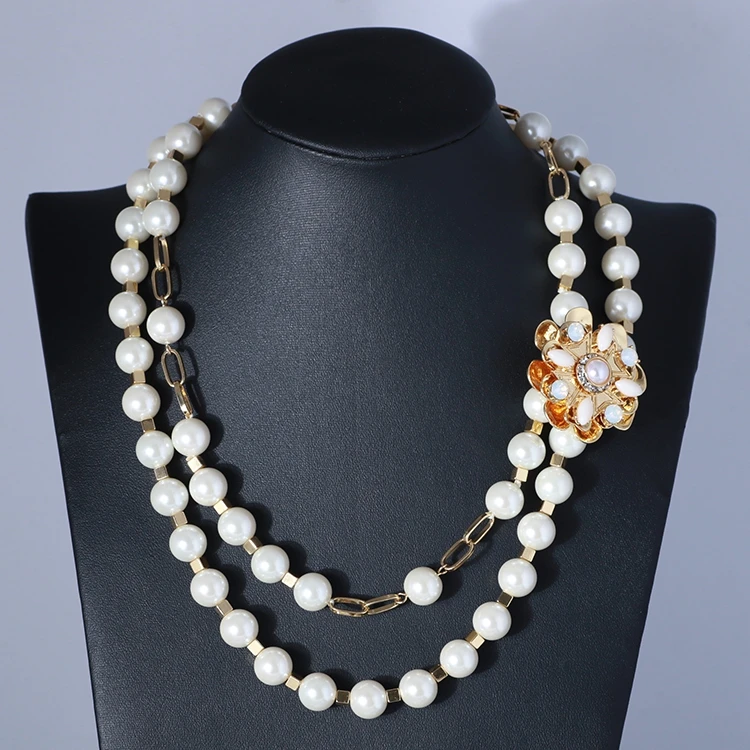 

European and American luxury Pearl flowers inlaid double fashion adjustable necklace lady